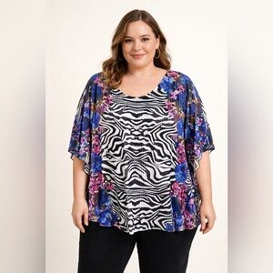 Calessa Zebra Floral Mesh‎ Cape Sleeve Top XL Boho Artsy